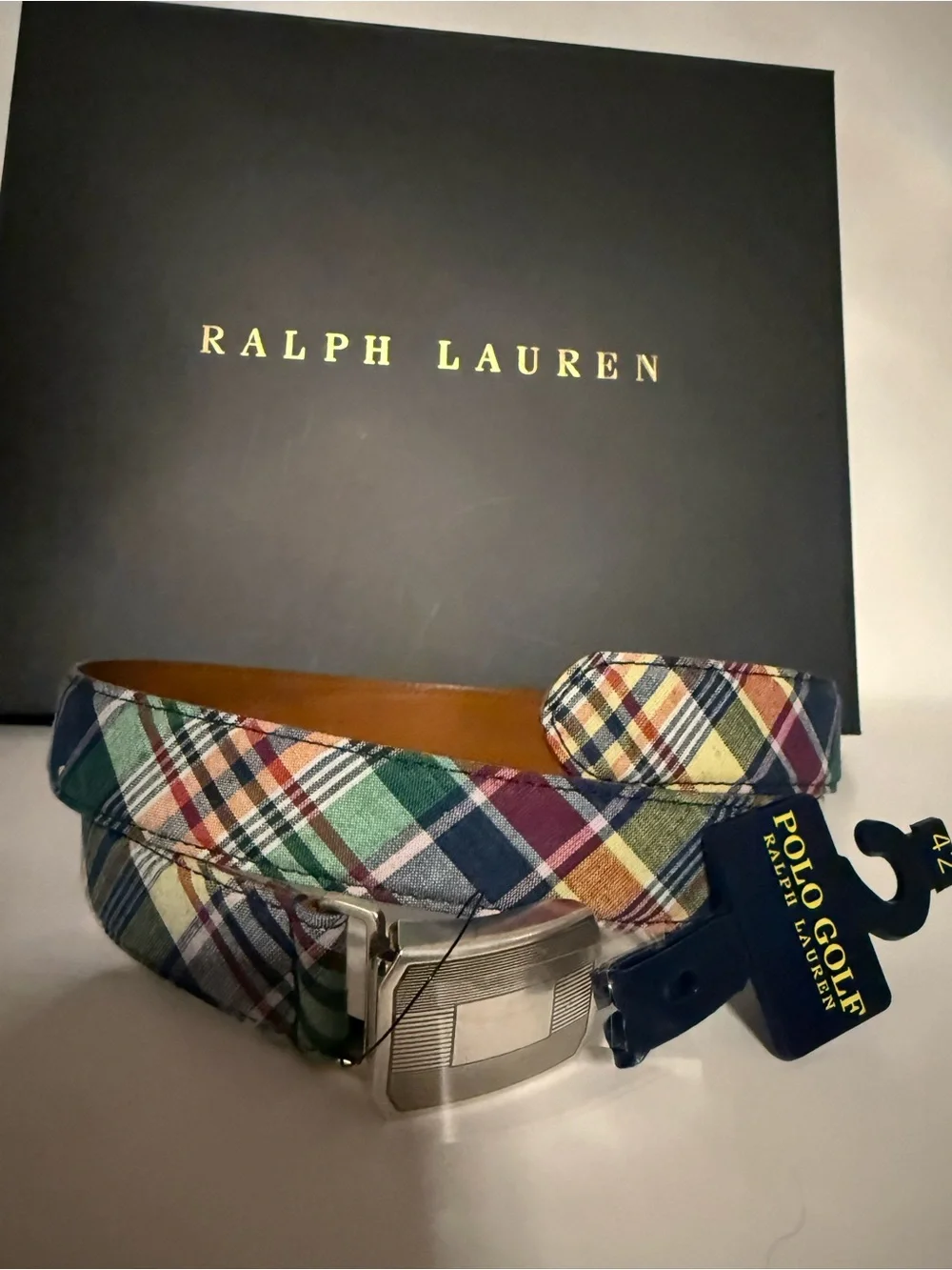 Polo Golf Ralph Lauren Men’s Plaid Belt Size 42 NWT Multicolor Leather